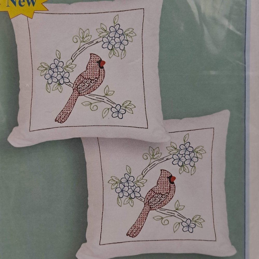 Hemstitch Set of 2 Cardinal Throw Pillowcases Stamped Cross Stitch Kit NWT